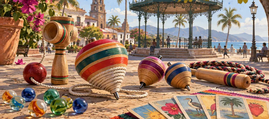 Editorial illustration of children playing traditional Mexican games in a Puerto Vallarta plaza.