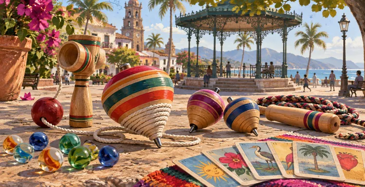 Editorial illustration of children playing traditional Mexican games in a Puerto Vallarta plaza.