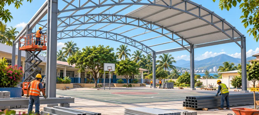 Editorial illustration of workers installing a shade canopy over a public recreational space in Puerto Vallarta.