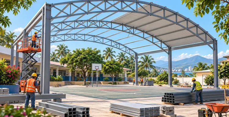 Editorial illustration of workers installing a shade canopy over a public recreational space in Puerto Vallarta.
