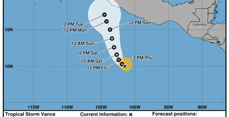 National Hurricane Center five-day forecast track for Tropical Storm Vance in the eastern Pacific on October 22, 2026.