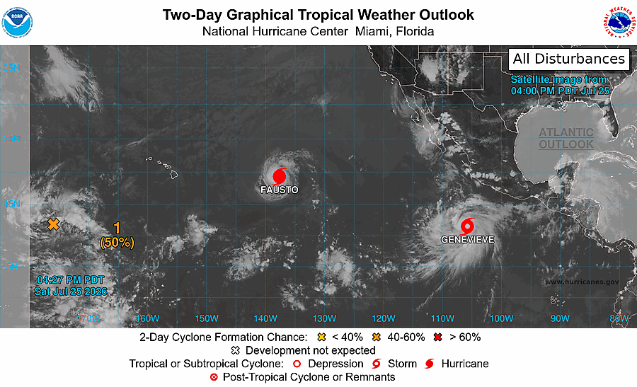 National Hurricane Center two-day graphical tropical weather outlook for the Eastern Pacific, dated July 25, 2026, showing Tropical Storm Genevieve south of Mexico and Hurricane Fausto farther west.