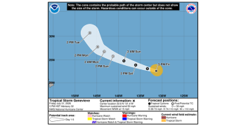 National Hurricane Center five-day forecast cone for Tropical Storm Genevieve over the eastern Pacific.